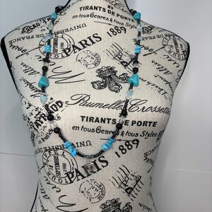Handmade ID Badge Turquoise & Black Beaded Necklace 17” Glass Stones